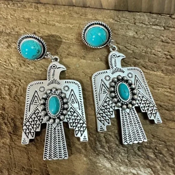 Thunderbird Turquoise 2.5 Inch Long Post Earrings in Antique Silver Finish - Picture 1 of 8